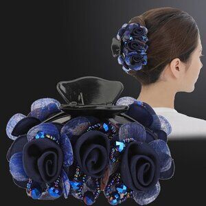 Women's Hair Accessories, Navy Blue Rose Flower Barrettes,rhinestone double flow